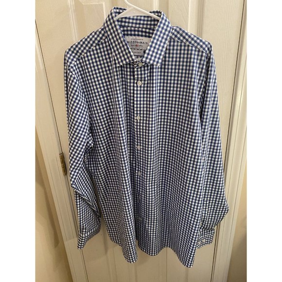 Mizzen+Main Mens Size 2XL Trim Fit Performance Shirt L/S Blue Plaid Gingham - Picture 7 of 8